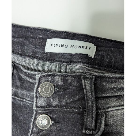 Flying Monkey Mid-Rise Flare Stretch Jeans Wind Snap Faded Chewed Hem Ripped 26 - Picture 4 of 5